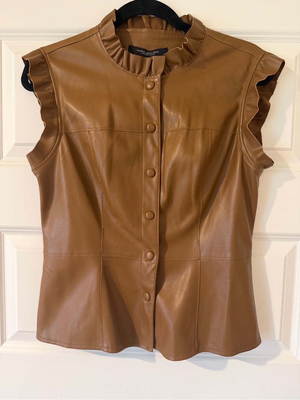 Marc New York Cognac Faux Leather Ruffle-Trim Sleeveless Vest